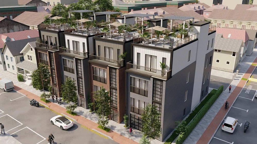 Rendering of the four buildings from above, with the planted roof terraces
