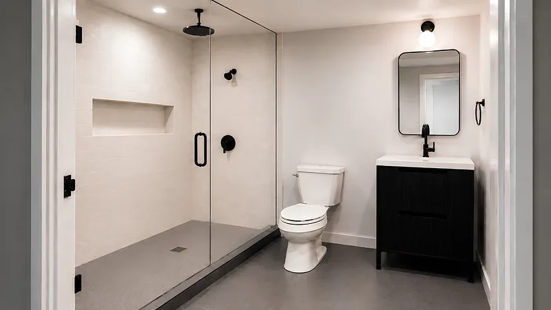 A walk-in shower with matte black hardware