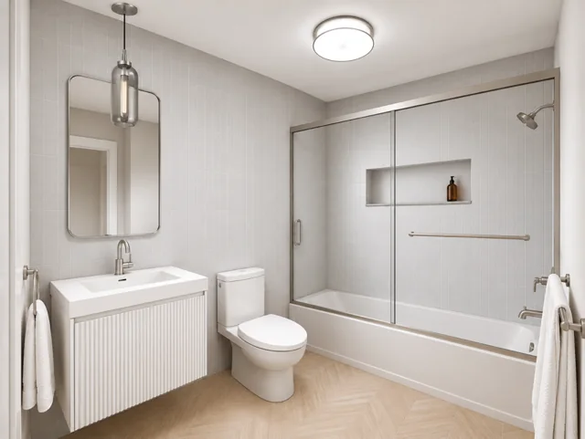 A penthouse bathroom in the Marblestone Gray colorway