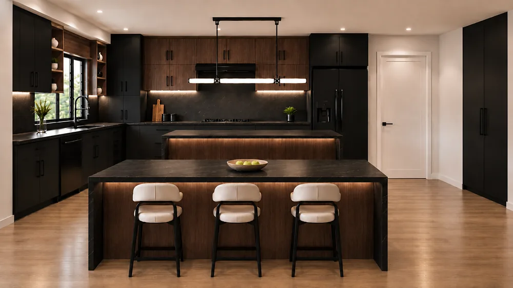 The penthouse chef's kitchen with a waterfall island