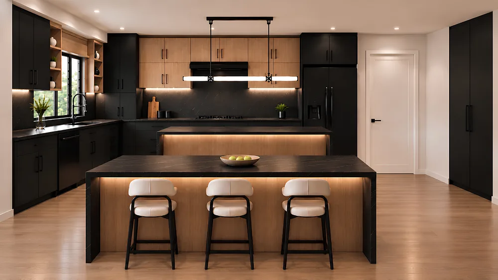 The penthouse chef's kitchen with a waterfall island · Marblestone Gray