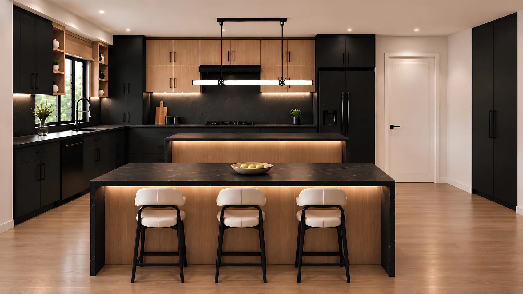 Penthouse kitchen in the Marblestone Gray colorway, with pale oak cabinetry