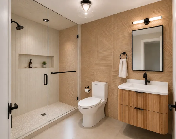 The primary bathroom in the Rustic Burgundy colorway